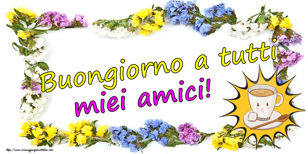 Buongiorno a tutti miei amici! ~ tazza di caffè su sfondo giallo