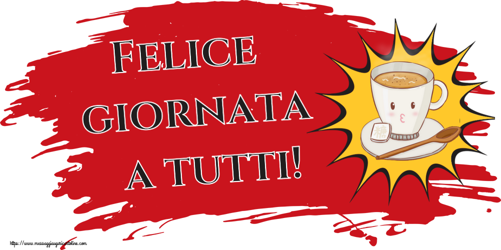 Buongiorno Felice giornata a tutti! ~ tazza di caffè su sfondo giallo