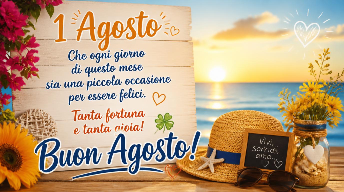 Cartoline di 1 Agosto - 1 Agosto – Che ogni giorno di questo mese sia una piccola occasione per essere felici. Tanta fortuna e tanta gioia! Buon Agosto!