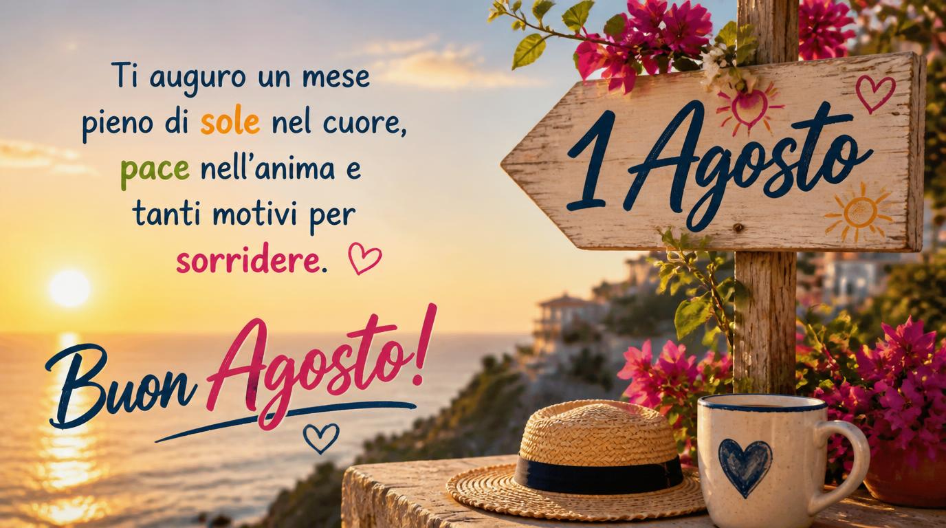 Cartoline di 1 Agosto - 1 Agosto – Ti auguro un mese pieno di sole nel cuore, pace nell’anima e tanti motivi per sorridere. Buon Agosto!