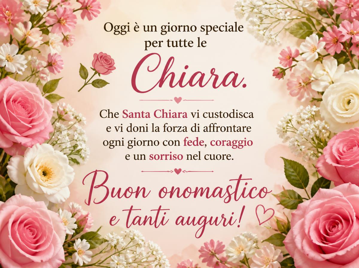 Cartoline di 11 Agosto - Oggi è un giorno speciale per tutte le Chiara. Che Santa Chiara vi custodisca e vi doni la forza di affrontare ogni giorno con fede, coraggio e un sorriso nel cuore. Buon onomastico e tanti auguri!