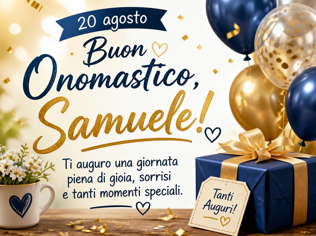 Cartoline di 20 Agosto - 20 agosto – Buon Onomastico, Samuele! Ti auguro una giornata piena di gioia, sorrisi e tanti momenti speciali.