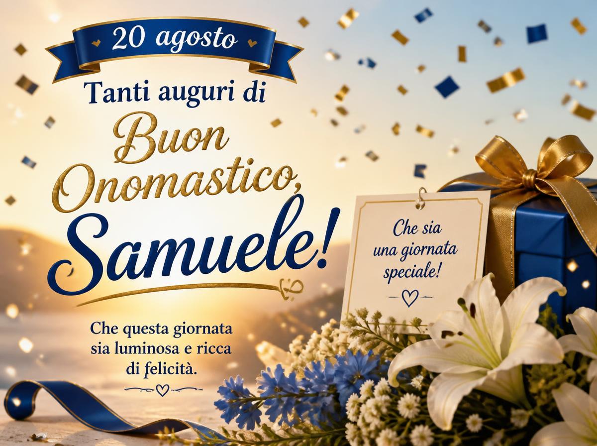 Cartoline di 20 Agosto - 20 agosto – Tanti auguri di Buon Onomastico, Samuele! Che questa giornata sia luminosa e ricca di felicità.