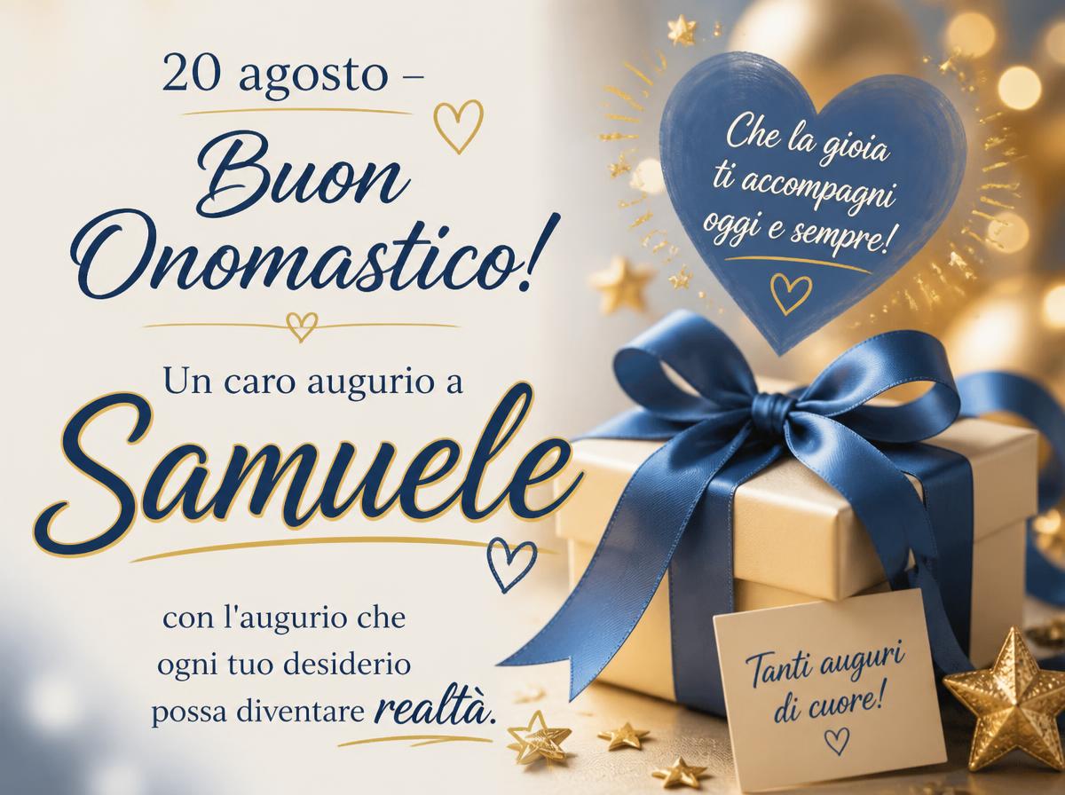 Cartoline di 20 Agosto - 20 agosto – Buon Onomastico! Un caro augurio a Samuele, con l'augurio che ogni tuo desiderio possa diventare realtà.