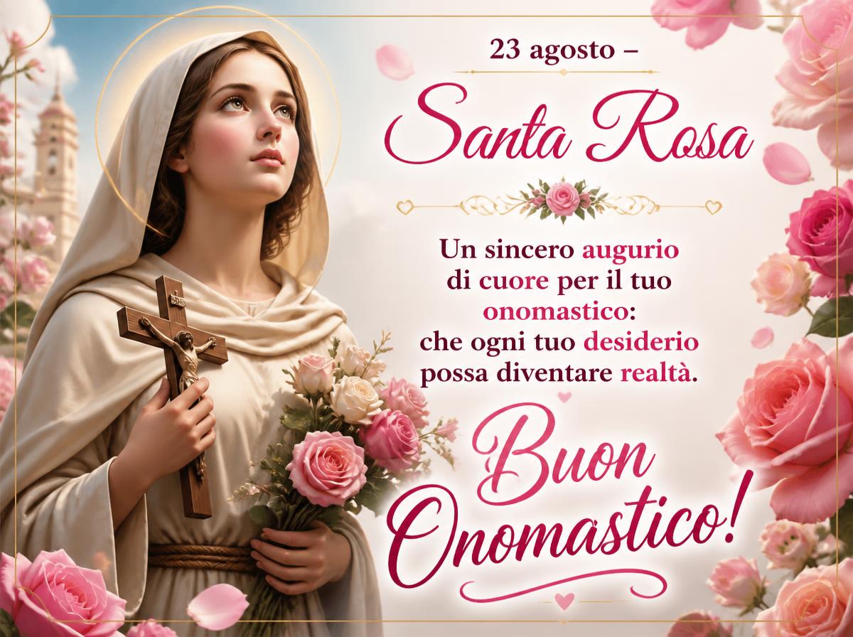 Cartoline di 23 Agosto - 23 agosto – Santa Rosa. Un sincero augurio di cuore per il tuo onomastico: che ogni tuo desiderio possa diventare realtà. Buon Onomastico!