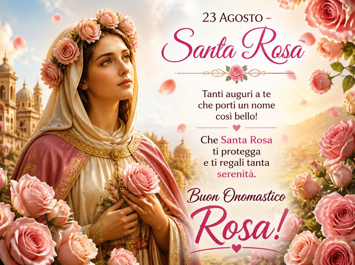 Cartoline di 23 Agosto - 23 agosto – Santa Rosa. Tanti auguri a te che porti un nome così bello! Che Santa Rosa ti protegga e ti regali tanta serenità. Buon Onomastico Rosa!