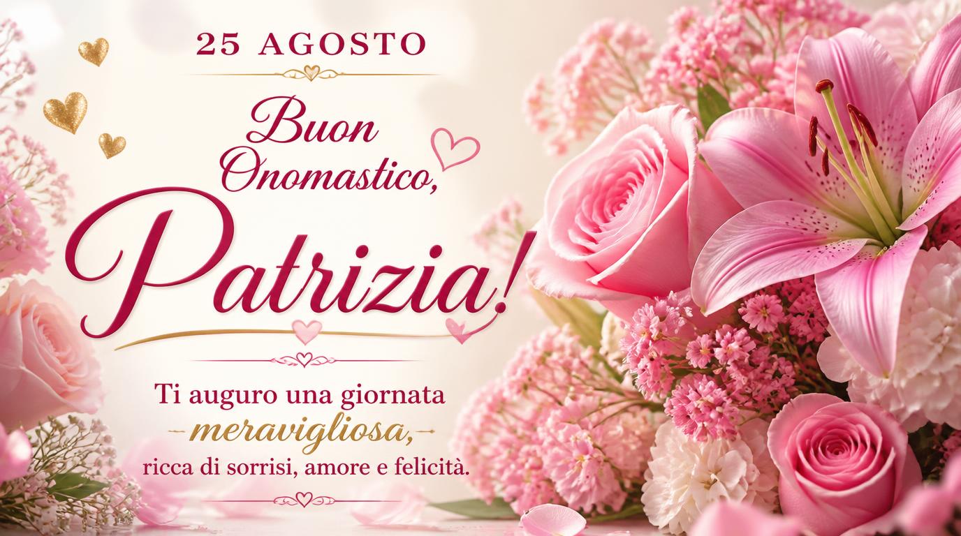 Cartoline di 25 Agosto - Buon Onomastico, Patrizia! Ti auguro una giornata meravigliosa, ricca di sorrisi, amore e felicità.