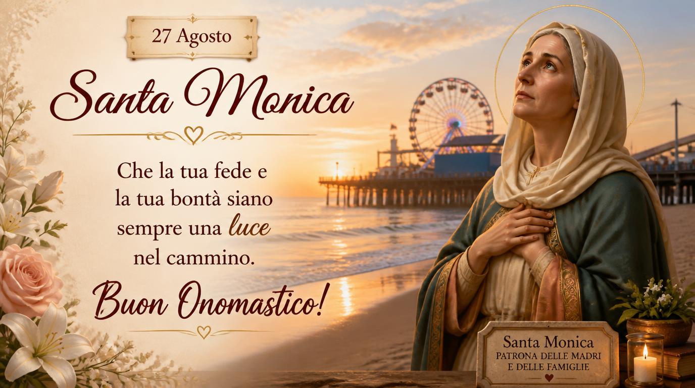 Cartoline di 27 Agosto - 27 Agosto, Santa Monica: Che la tua fede e la tua bontà siano sempre una luce nel cammino. Buon Onomastico!