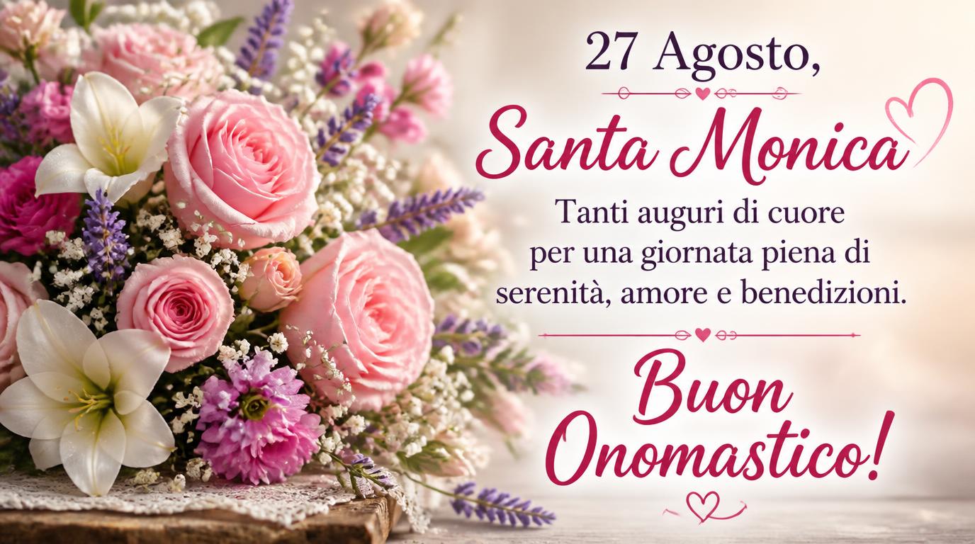 Cartoline di 27 Agosto - 27 Agosto, Santa Monica: tanti auguri di cuore per una giornata piena di serenità, amore e benedizioni. Buon Onomastico!