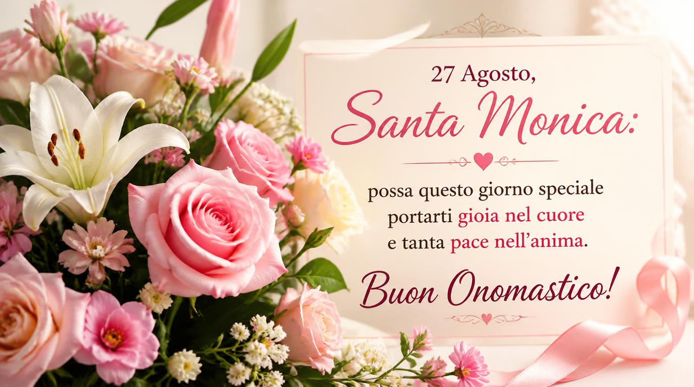 Cartoline di 27 Agosto - 27 Agosto, Santa Monica: possa questo giorno speciale portarti gioia nel cuore e tanta pace nell’anima. Buon Onomastico!