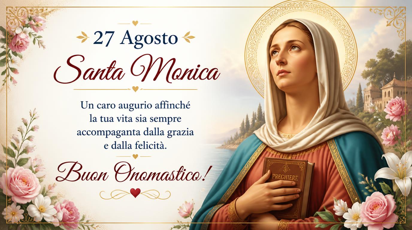 Cartoline di 27 Agosto - 27 Agosto Santa Monica Un caro augurio affinché la tua vita sia sempre accompagnata dalla grazia e dalla felicità. Buon Onomastico!
