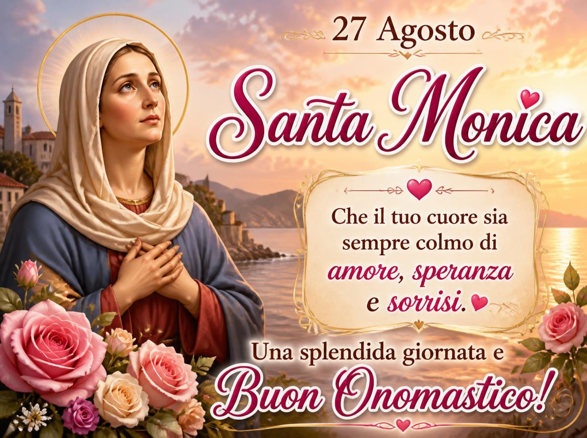 Cartoline di 27 Agosto - 27 Agosto, Santa Monica: che il tuo cuore sia sempre colmo di amore, speranza e sorrisi. Una splendida giornata e Buon Onomastico!