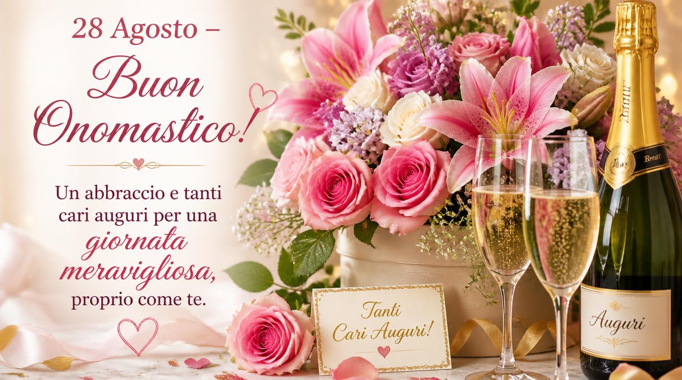Cartoline di 28 Agosto - 28 Agosto – Buon Onomastico! Un abbraccio e tanti cari auguri per una giornata meravigliosa, proprio come te.