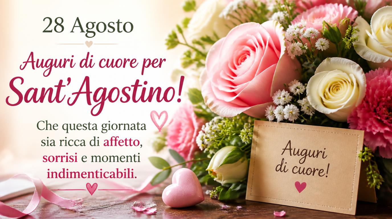 Cartoline di 28 Agosto - 28 Agosto – Auguri di cuore per Sant’Agostino! Che questa giornata sia ricca di affetto, sorrisi e momenti indimenticabili.