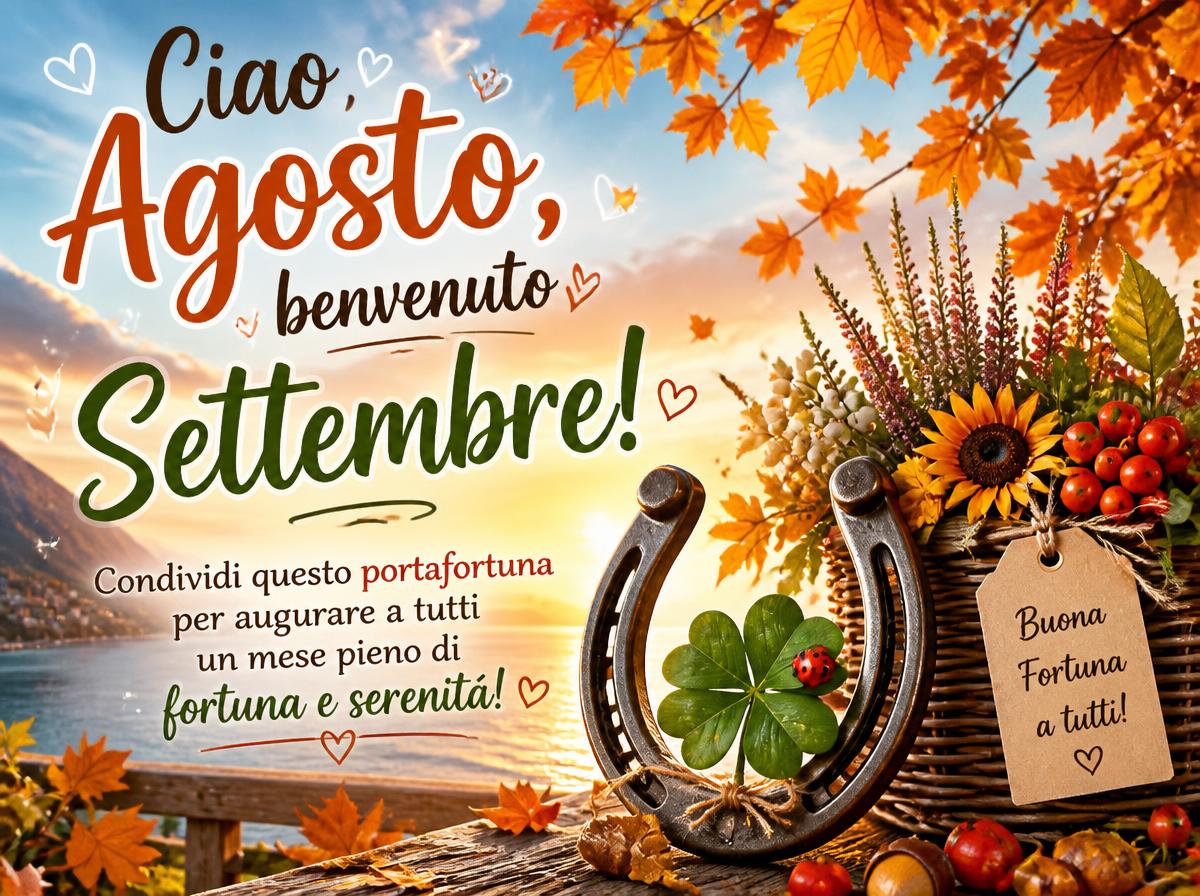 Cartoline di 31 Agosto - Ciao Agosto, benvenuto Settembre! Condividi questo portafortuna per augurare a tutti un mese pieno di fortuna e serenità!
