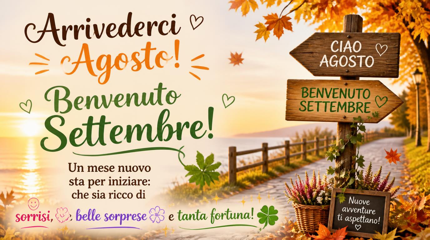 Cartoline di 31 Agosto - Arrivederci Agosto! Benvenuto Settembre! Un mese nuovo sta per iniziare: che sia ricco di sorrisi, belle sorprese e tanta fortuna!