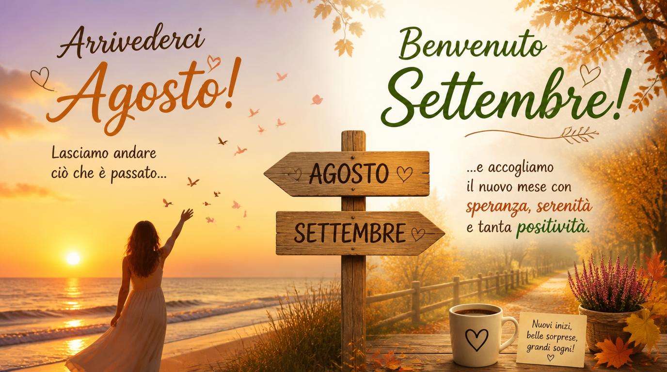 Cartoline di 31 Agosto - Arrivederci Agosto!  Benvenuto Settembre! Lasciamo andare ciò che è passato e accogliamo il nuovo mese con speranza, serenità e tanta positività.