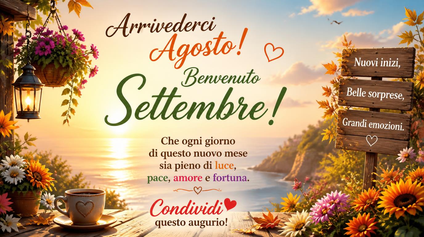 Cartoline di 31 Agosto - Arrivederci Agosto!  Benvenuto Settembre! Che ogni giorno di questo nuovo mese sia pieno di luce, pace, amore e fortuna. Condividi questo augurio!