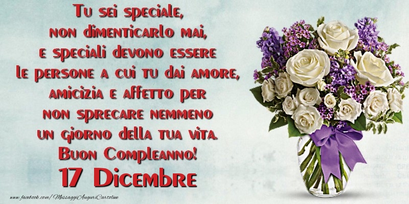 Tu sei speciale, non dimenticarlo mai, e speciali devono essere le persone a cui tu dai amore, amicizia e affetto per non sprecare nemmeno un giorno della tua vita. Buon Compleanno!  Dicembre 17