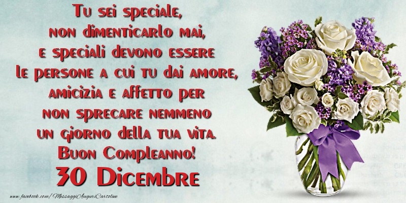 Cartoline di 30 Dicembre - Tu sei speciale, non dimenticarlo mai, e speciali devono essere le persone a cui tu dai amore, amicizia e affetto per non sprecare nemmeno un giorno della tua vita. Buon Compleanno!  Dicembre 30