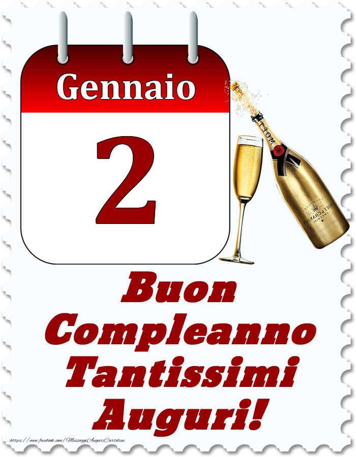 Cartoline di 2 Gennaio - Gennaio 2 Buon Compleanno Tantissimi Auguri!
