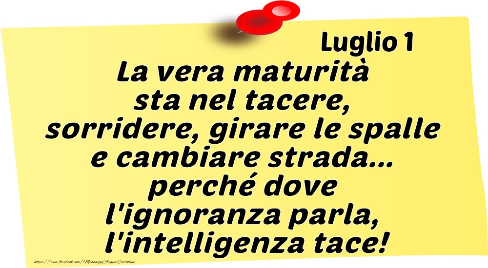Luglio 1 La vera maturità sta nel tacere, sorridere, girare le spalle e cambiare strada... perché dove l'ignoranza parla, l'intelligenza tace!