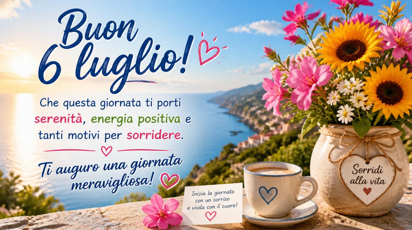 Cartoline di 6 Luglio - Buon 6 luglio! Che questa giornata ti porti serenità, energia positiva e tanti motivi per sorridere. Ti auguro una giornata meravigliosa!
