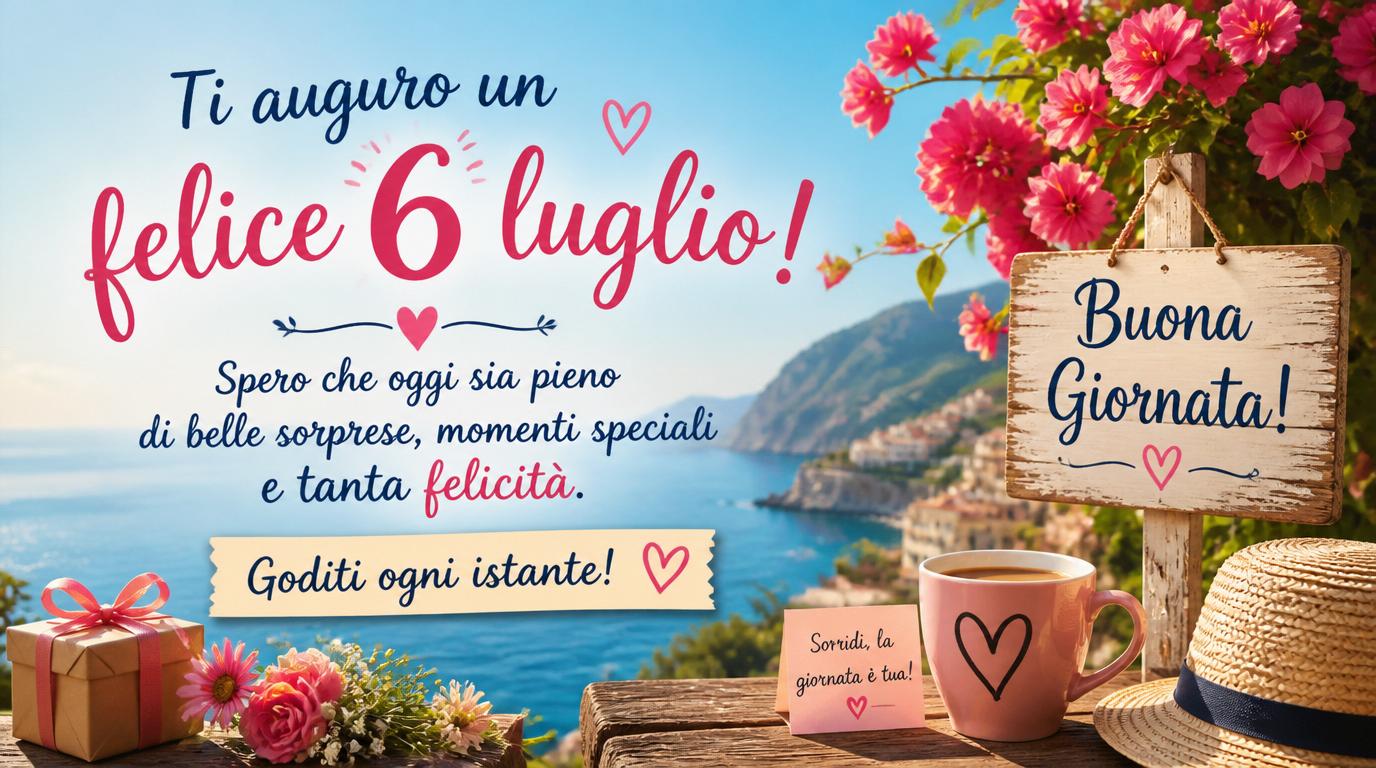Cartoline di 6 Luglio - Ti auguro un felice 6 luglio! Spero che oggi sia pieno di belle sorprese, momenti speciali e tanta felicità. Goditi ogni istante!
