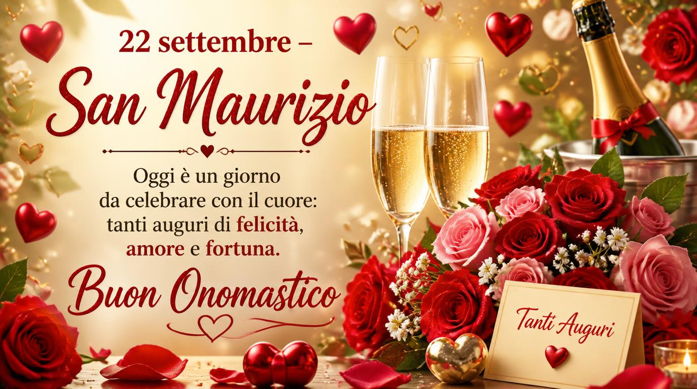 Cartoline di 22 Settembre - 22 settembre – San Maurizio. Oggi è un giorno da celebrare con il cuore: tanti auguri di felicità, amore e fortuna. Buon Onomastico.