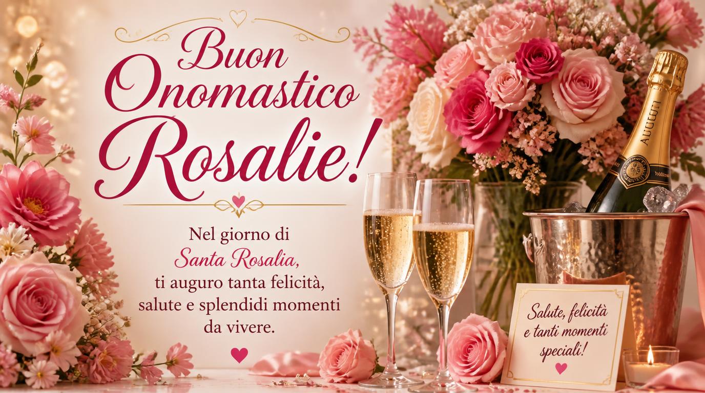 Cartoline di 4 Settembre - Buon Onomastico Rosalie! Nel giorno di Santa Rosalia, ti auguro tanta felicità, salute e splendidi momenti da vivere.