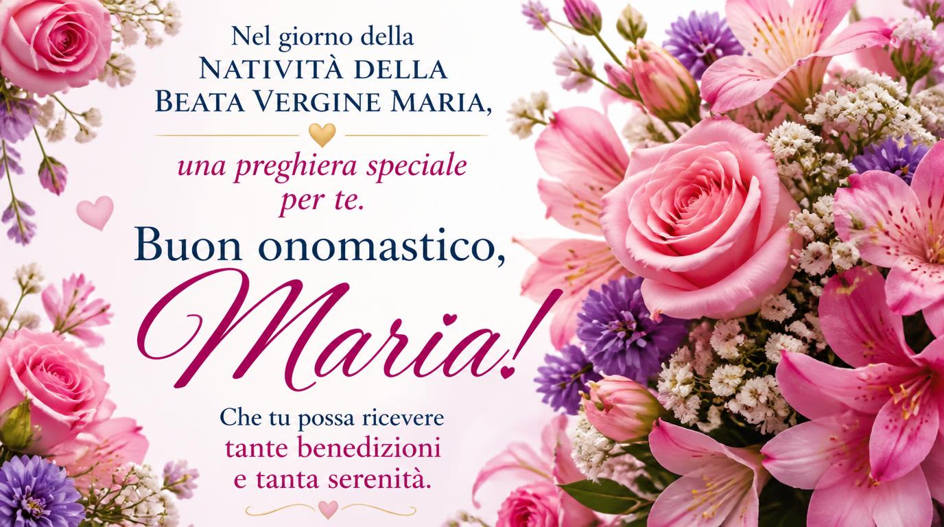 Cartoline di 8 Settembre - Nel giorno della Natività della Beata Vergine Maria, una preghiera speciale per te. Buon onomastico, Maria! Che tu possa ricevere tante benedizioni e tanta serenità.
