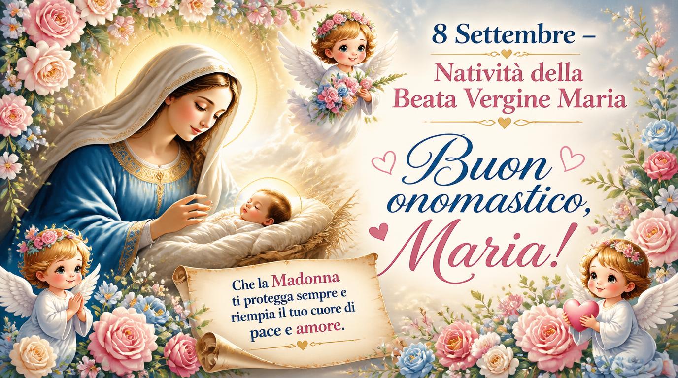 Cartoline di 8 Settembre - 8 Settembre – Natività della Beata Vergine Maria. Buon onomastico, Maria! Che la Madonna ti protegga sempre e riempia il tuo cuore di pace e amore.