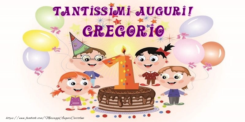 Cartoline per bambini - Animazione & Palloncini & Torta | Tantissimi Auguri! Gregorio