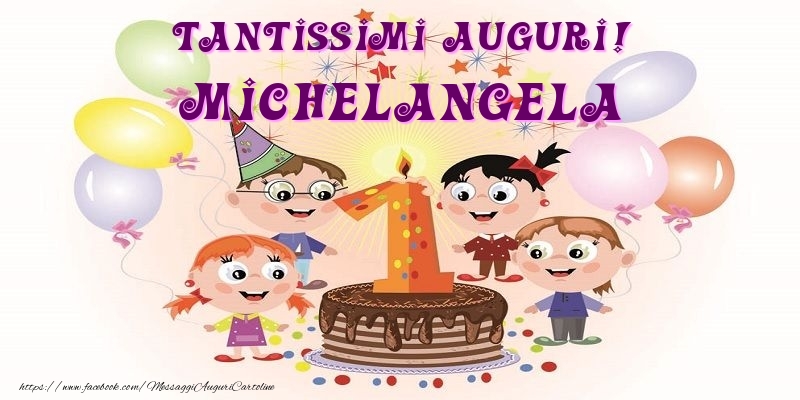 Cartoline per bambini - Animazione & Palloncini & Torta | Tantissimi Auguri! Michelangela