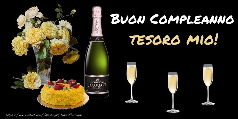 Cartoline di compleanno per Fidanzata - Fiori e torta per te tesoro mio! Buon Compleanno!
