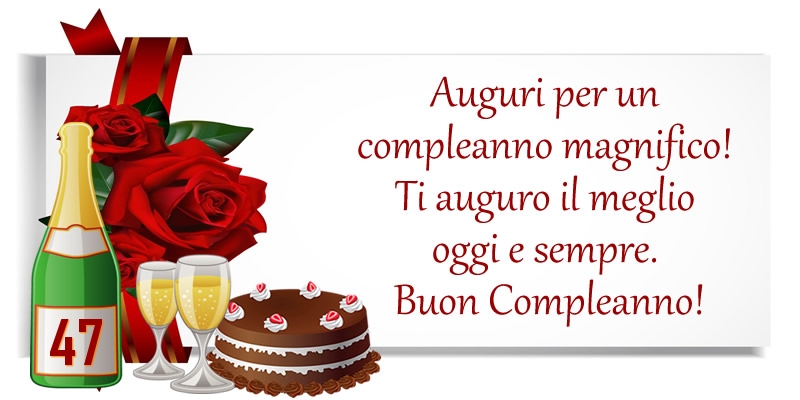 47 anni - Auguri per un compleanno magnifico! Ti auguro il meglio oggi e sempre. Buon Compleanno!