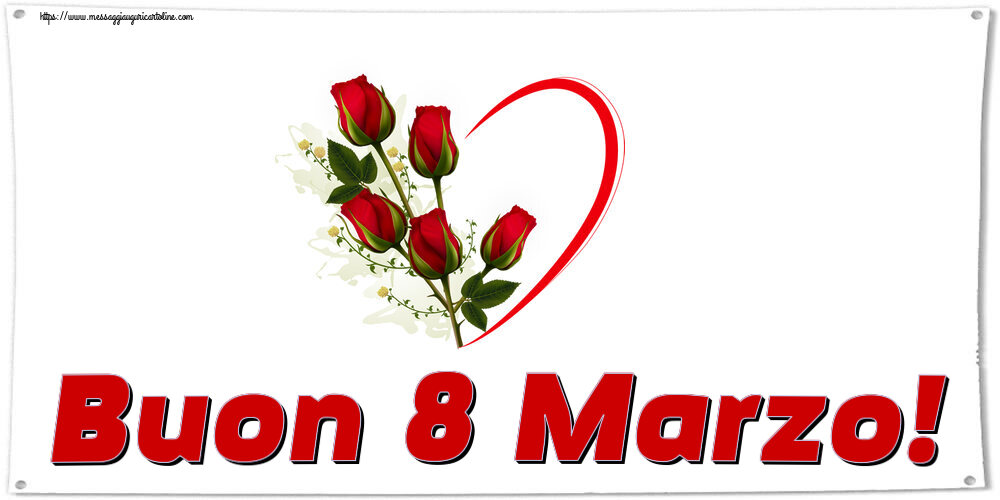 Cartoline di 8 Marzo - Buon 8 Marzo! ~ 5 rose rosse con cuori - messaggiauguricartoline.com