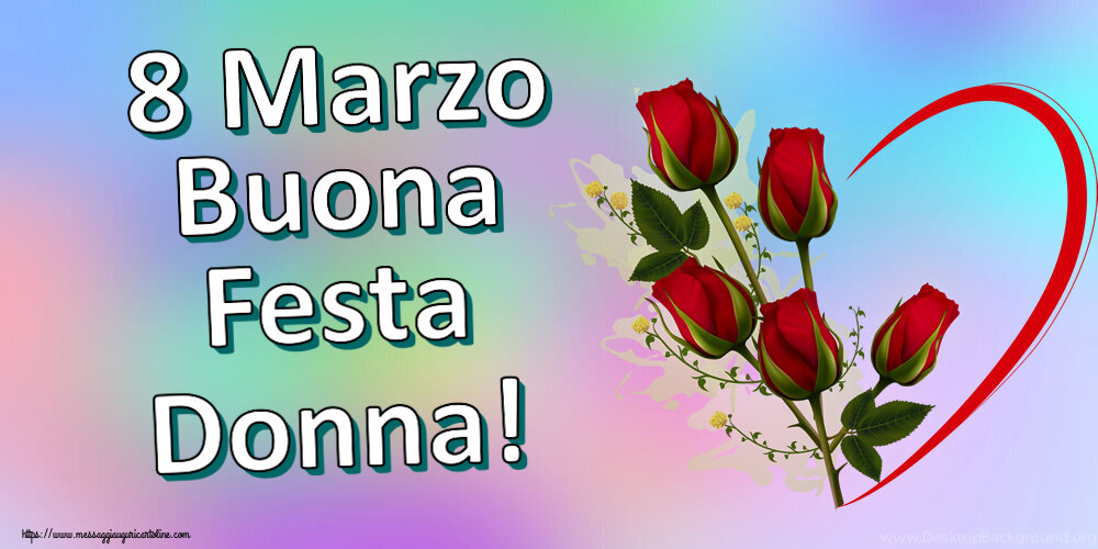 Cartoline di 8 Marzo - 8 Marzo Buona Festa Donna! ~ 5 rose rosse con cuori - messaggiauguricartoline.com