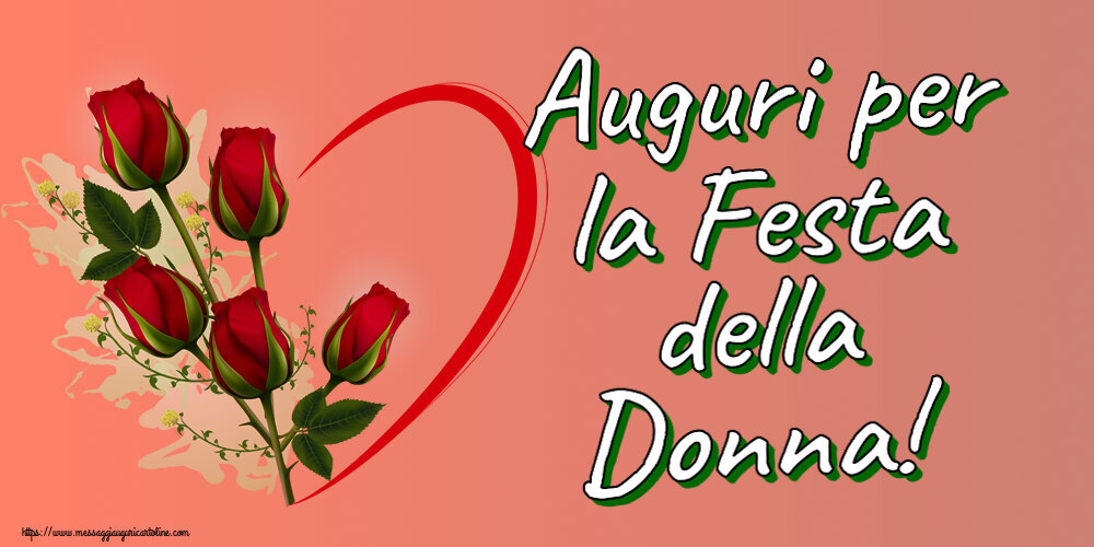 Cartoline di 8 Marzo - Auguri per la Festa della Donna! ~ 5 rose rosse con cuori - messaggiauguricartoline.com