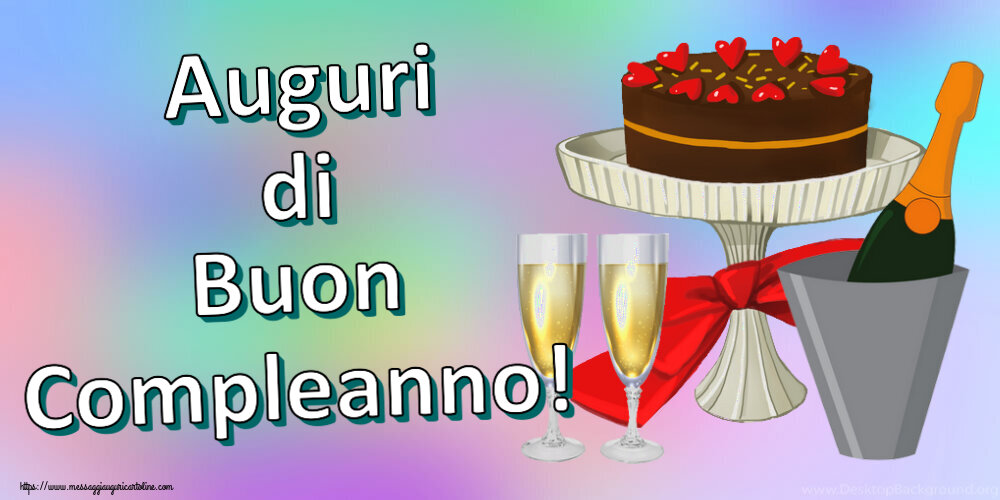 Cartoline di compleanno - Auguri di Buon Compleanno! ~ torta, champagne con bicchieri - messaggiauguricartoline.com