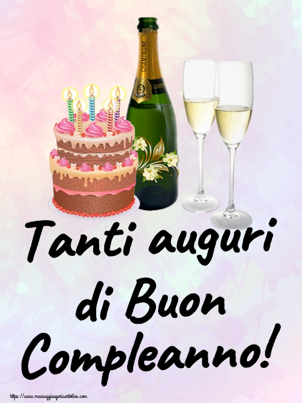 Tanti auguri di Buon Compleanno! ~ champagne con bicchieri e torta con candeline