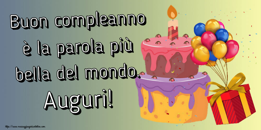Cartoline di compleanno - 🎂 Buon compleanno è la parola più bella del mondo. Auguri! ~ torta, palloncini e coriandoli - messaggiauguricartoline.com