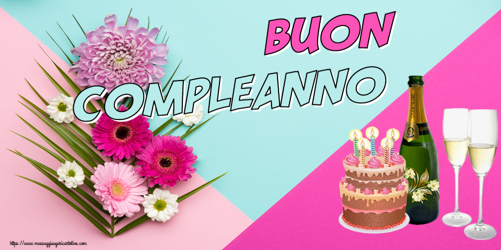 Cartoline di compleanno - Buon Compleanno! ~ champagne con bicchieri e torta con candeline - messaggiauguricartoline.com