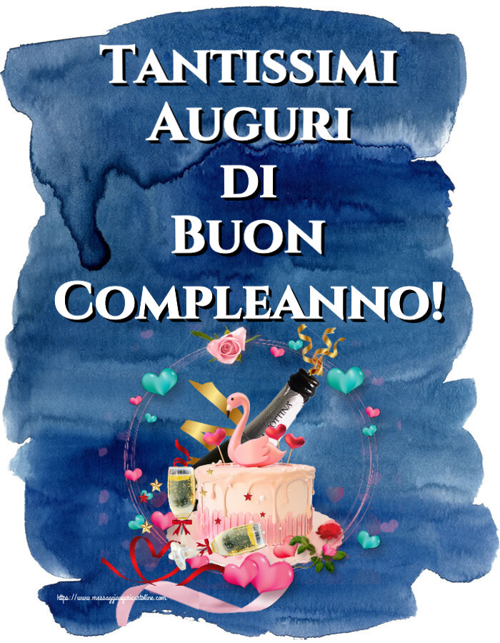 Cartoline di compleanno - Tantissimi Auguri di Buon Compleanno! ~ torta con cigno e champagne - messaggiauguricartoline.com