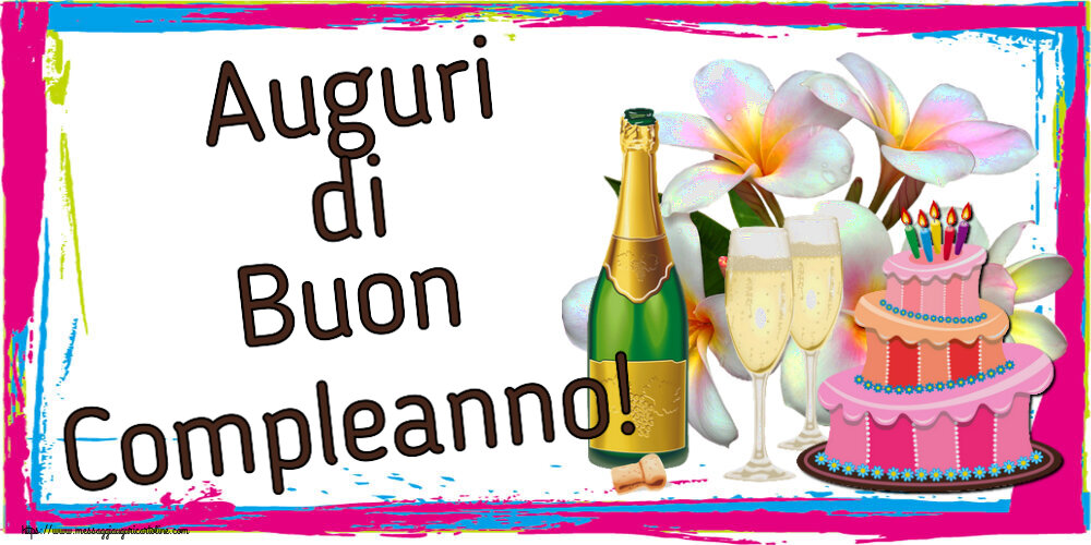 Auguri di Buon Compleanno! ~ torta, champagne e fiori - disegno