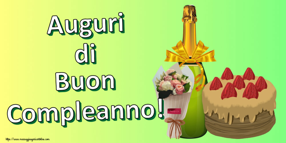 Compleanno Auguri di Buon Compleanno! ~ torta, champagne e un bouquet di fiori