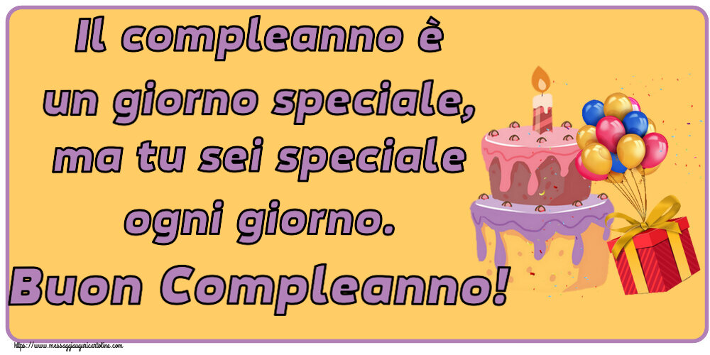 Il compleanno è un giorno speciale, ma tu sei speciale ogni giorno. Buon Compleanno! ~ torta, palloncini e coriandoli