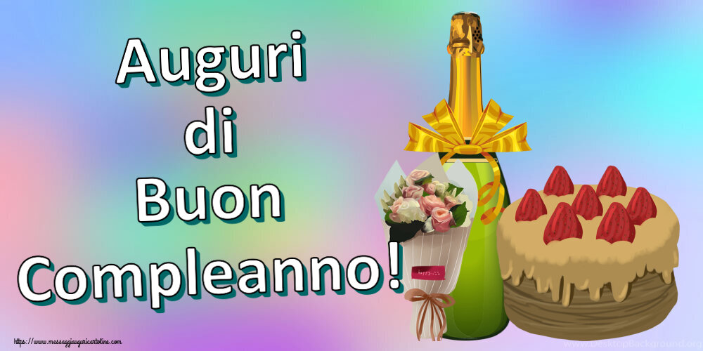 Compleanno Auguri di Buon Compleanno! ~ torta, champagne e un bouquet di fiori