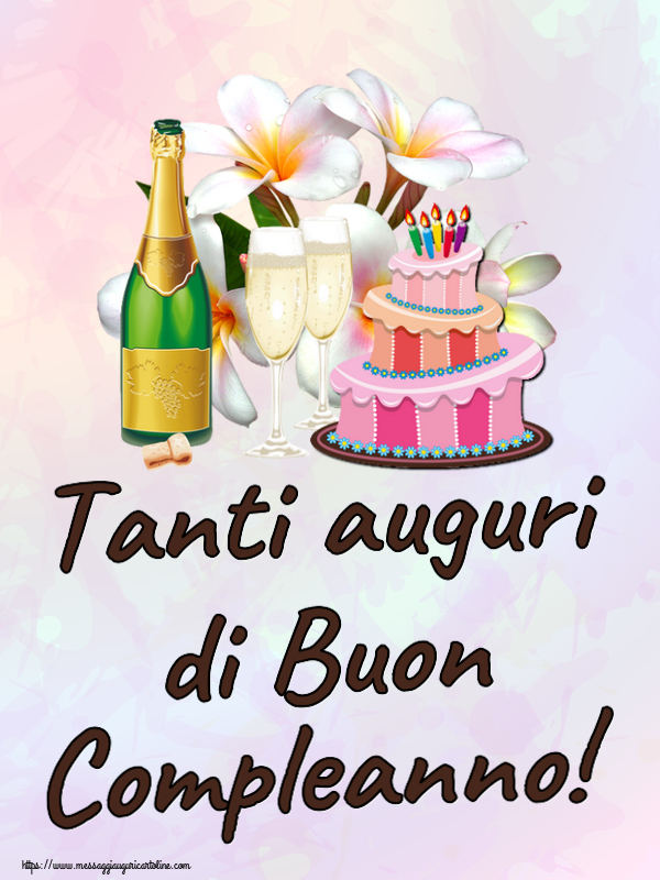 Compleanno Tanti auguri di Buon Compleanno! ~ torta, champagne e fiori - disegno