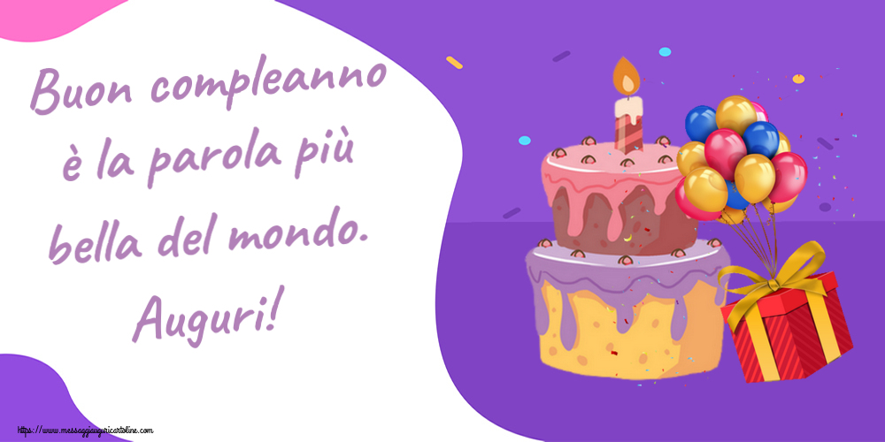 Cartoline di compleanno - Buon compleanno è la parola più bella del mondo. Auguri! ~ torta, palloncini e coriandoli - messaggiauguricartoline.com